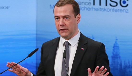 MUNICH, Feb. 13, 2016 (Xinhua) -- Russian Prime Minister Dmitry Medvedev speaks at the Munich Security Conference (MSC) in Munich, Germany, Feb. 13, 2016. Russian Prime Minister Dmitry Medvedev on Saturday warned here of catastrophic consequences in case that the conflict in Syria dragged on and that the world has slid into a ''new cold war,'' criticizing the West's ''unfriendly'' policy against his country. (Xinhua/Luo Huanhuan) (djj) (Credit Image: © Luo Huanhuan/Xinhua via ZUMA Wire)